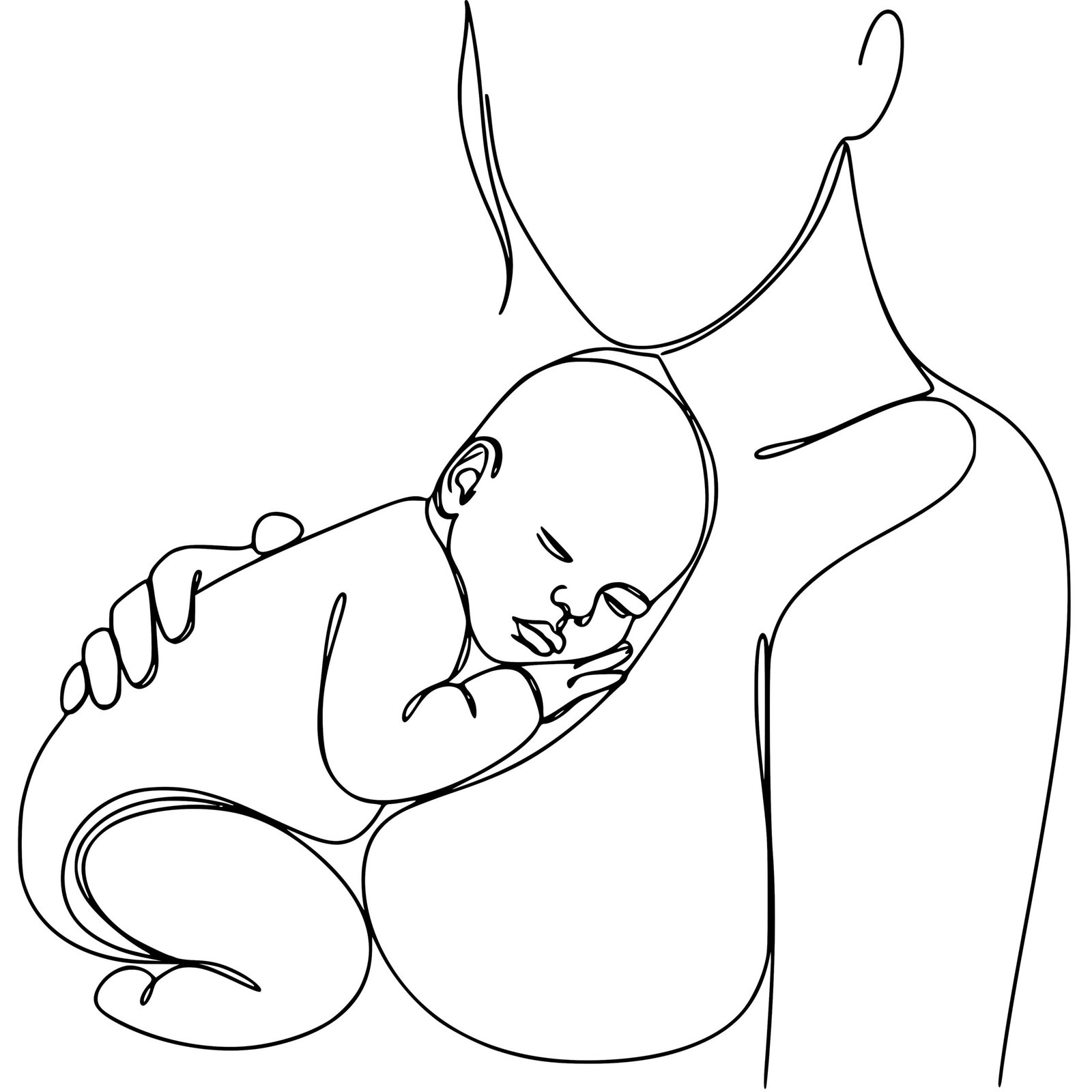 Ilustração em linha de mãe segurando bebê — conteúdo informativo sobre Salário-Maternidade